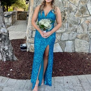 Primavera teal blue halter prom dress